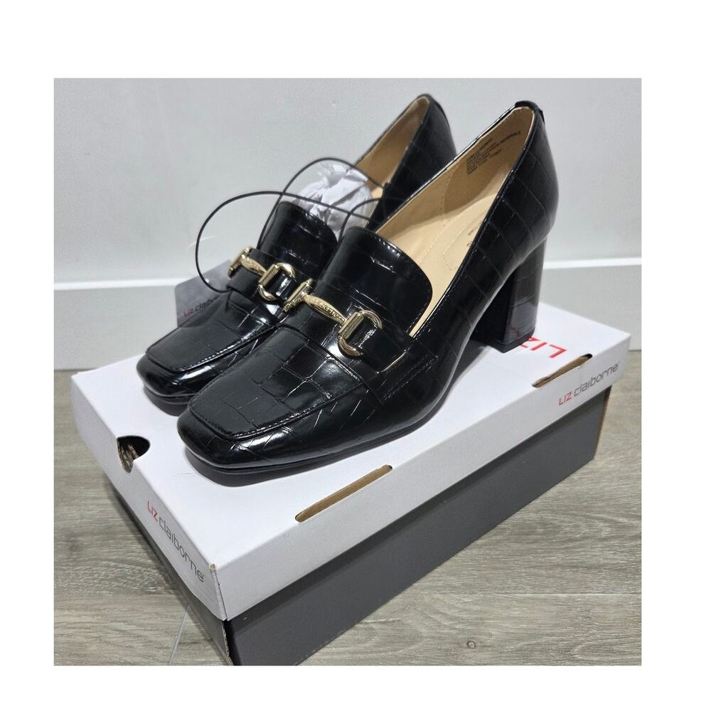 Liz Claiborne Morris Black Memory Foam Heeled Loafers NWB Size 8.5